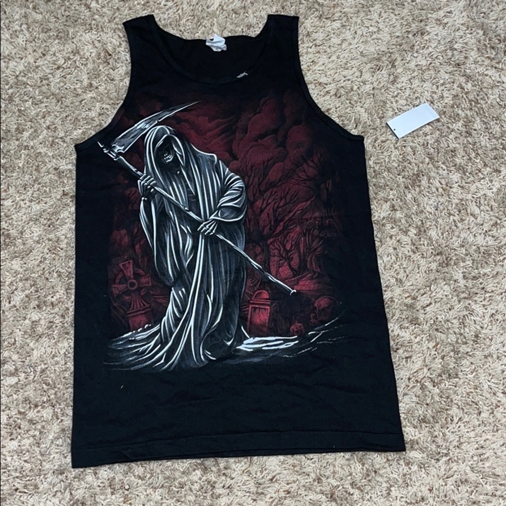 Halloween Tank Top Reaper Skeleton Black Small Sleeveless Crew Cotton Shirt Mens
